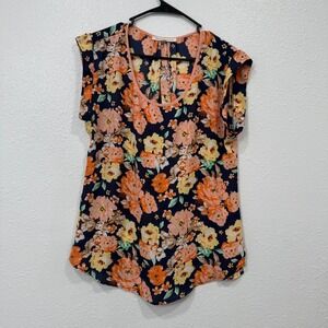 Daniel Rainn Navy Floral Cap Sleeve V Neck Blouse Top Women's Medium